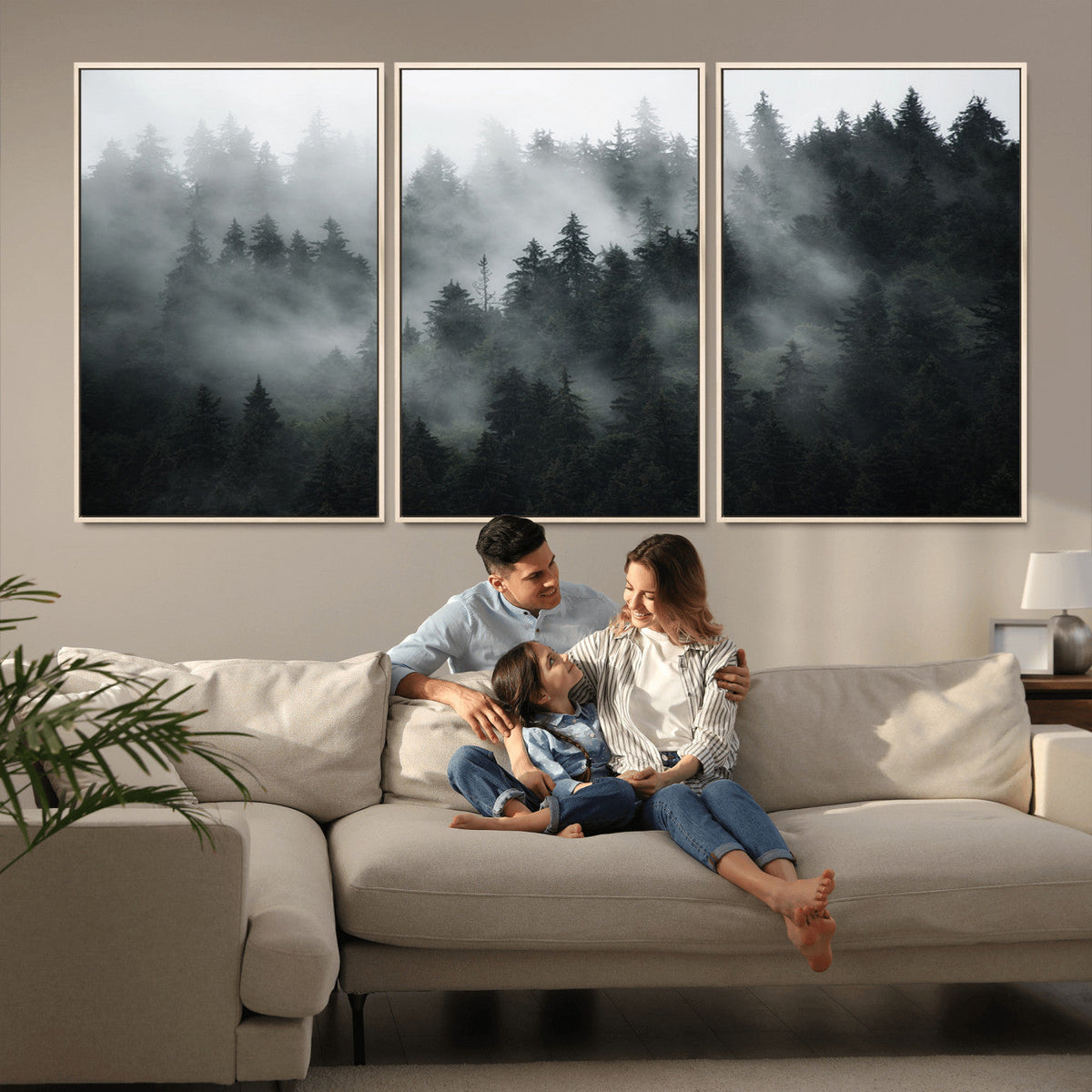 Foggy Forest Wall Art Canvas Print | 3 Panel Large Misty Landscape