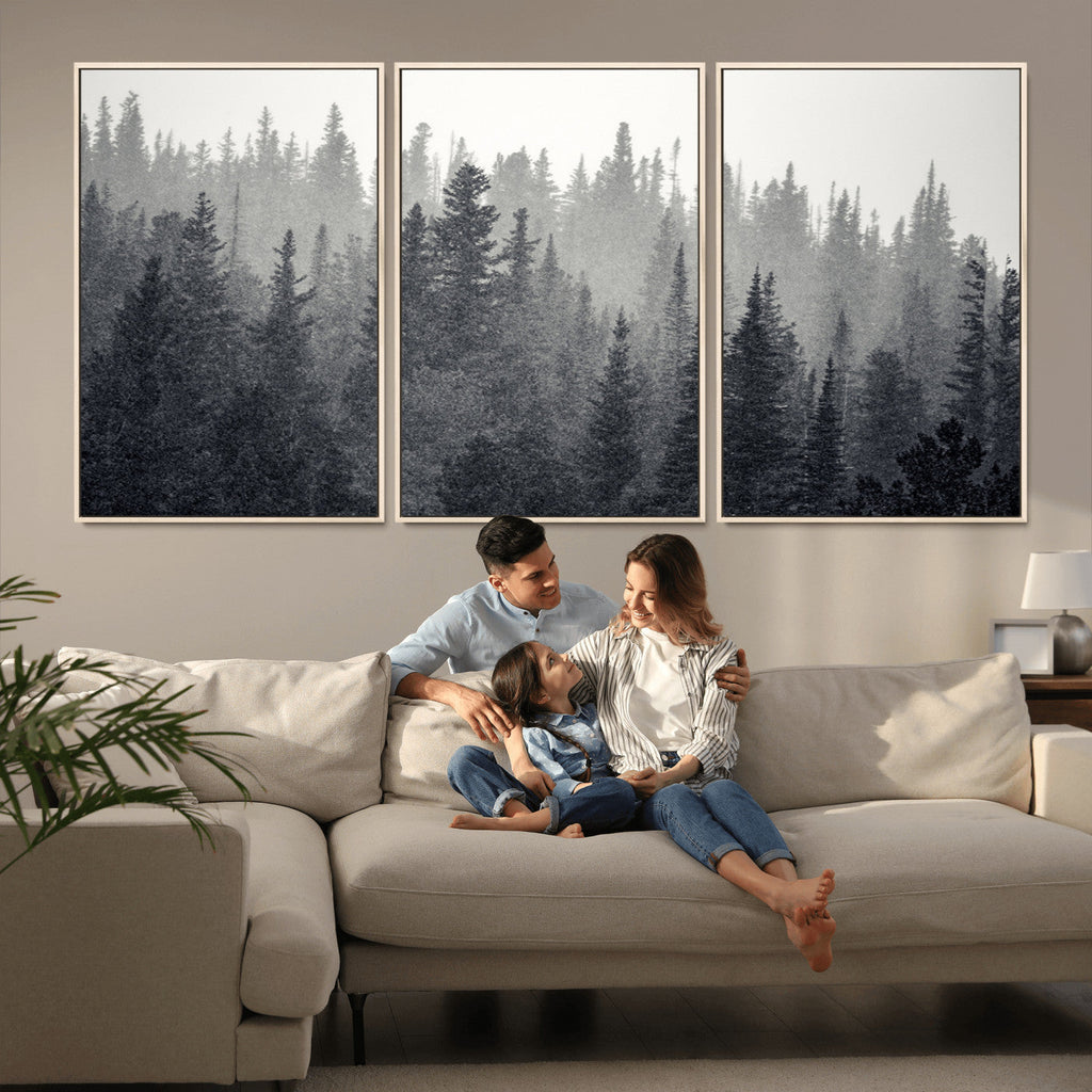 Misty Forest Canvas Wall Art | Monochrome Triptych Pine Tree Print