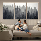 Misty Forest Canvas Wall Art | Monochrome Triptych Pine Tree Print