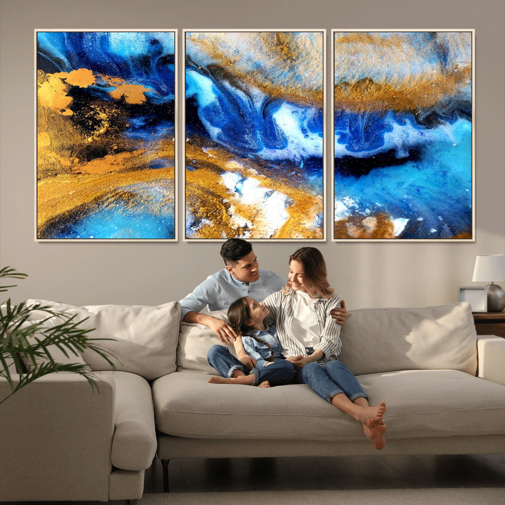 Blue Orange Marble Fluid Effect Canvas Wall Art Print