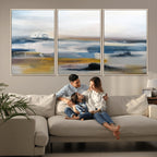 Abstract Landscape Wall Art Canvas | 3 Panel Modern Blue, Gold and White Canvas Art