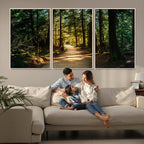 Sunlit Forest Pathway Canvas Print | 3 Panel Large Nature Wall Art