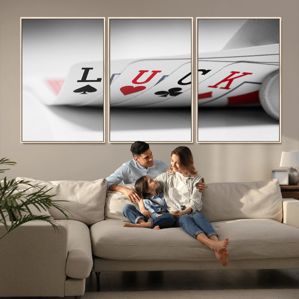 Framed Lucky Poker Cards Canvas | Modern Triptych Wall Art for Game Rooms