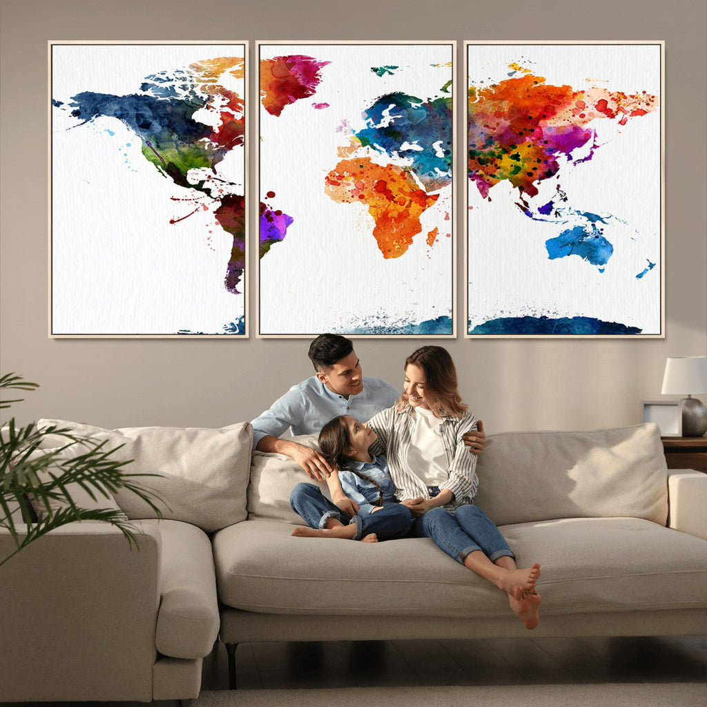 Bold Colorful World Map Canvas Print | Detailed Map of the World Wall Art