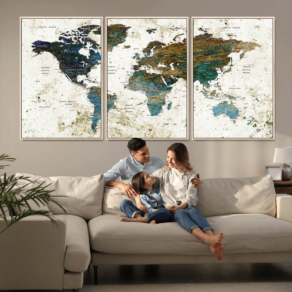 Vintage World Map Wall Art Canvas Print, Framed Rustic Earth Tone Map