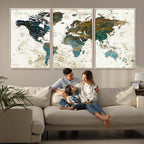 Vintage World Map Wall Art Canvas Print, Framed Rustic Earth Tone Map