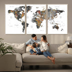 Modern Metallic World Map Canvas Wall Art | Framed Contemporary World Map Print