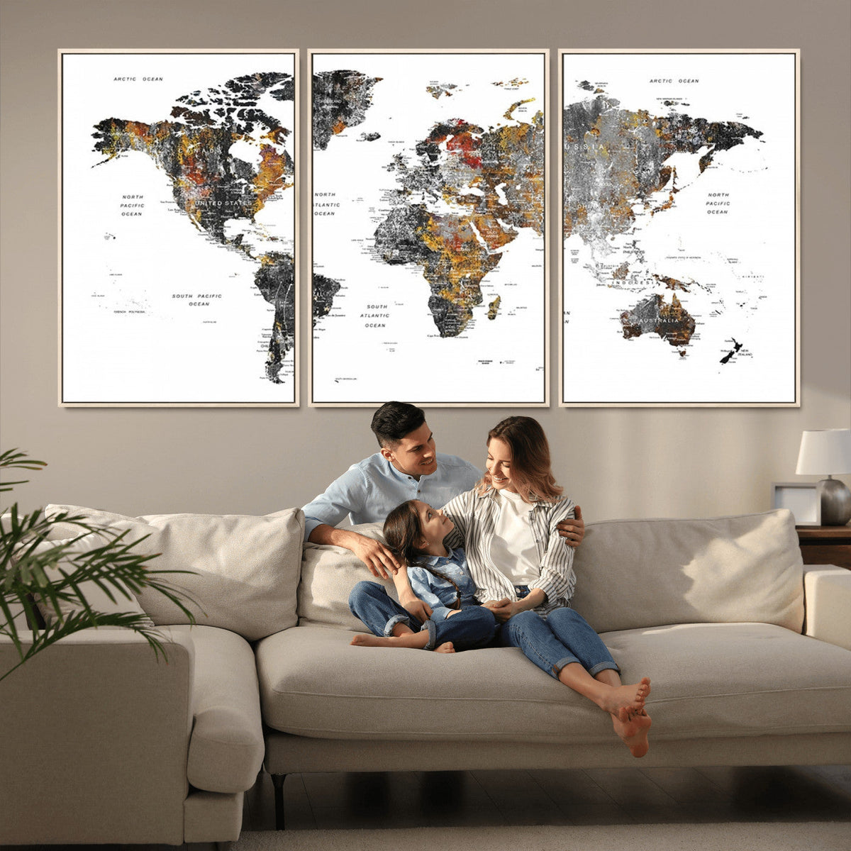 Modern Metallic World Map Canvas Wall Art | Framed Contemporary World Map Print