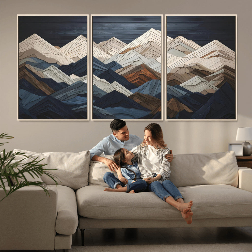 Rustic Mountain Landscape Wall Art Canvas Print, Framed 3D Wooden Effect Mountain Art
