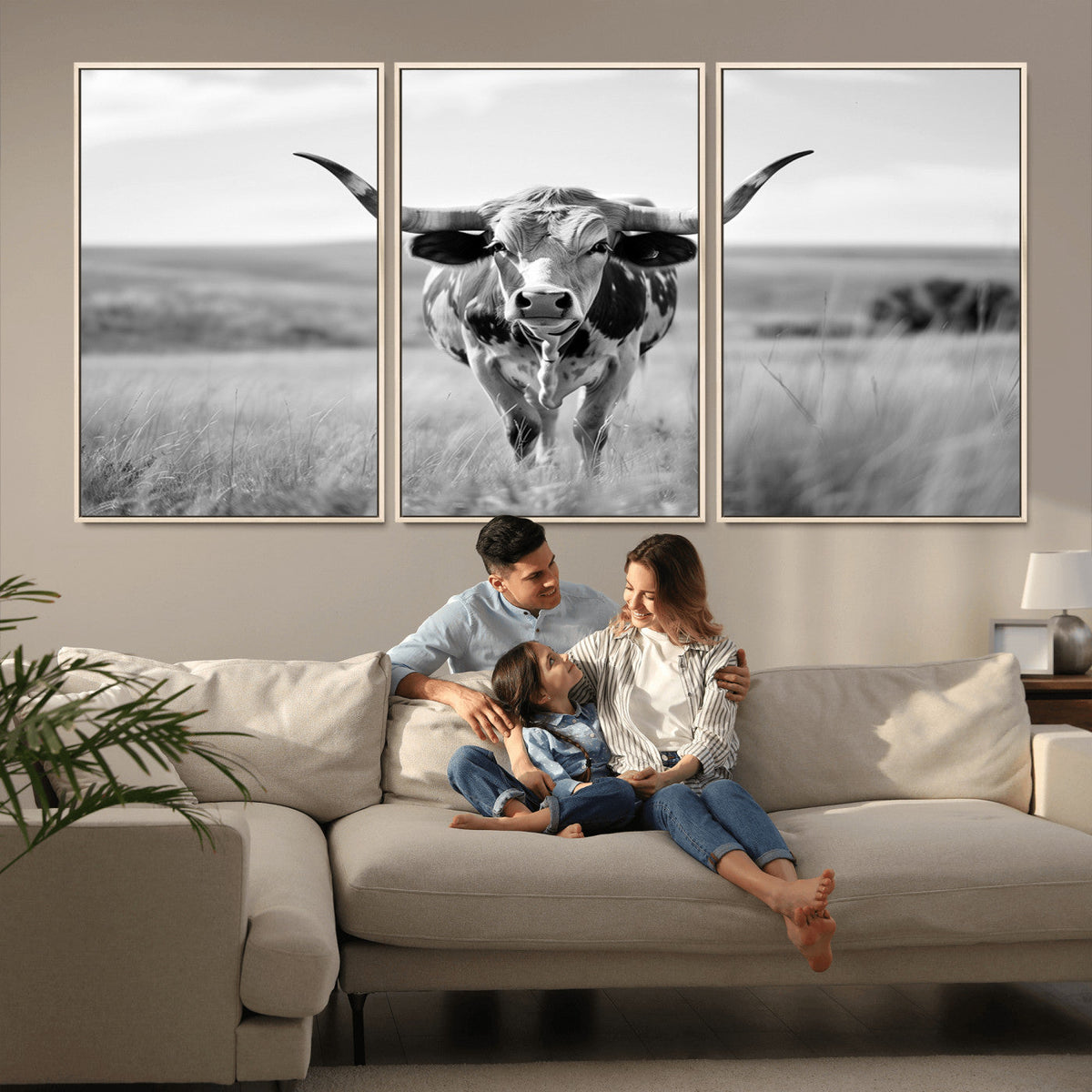 Texas Cow Longhorn Wall Art Canvas Print for Farm House Wall Art, Framed and Ready to Hang
