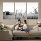 Vintage Farmhouse Black and White Triptych Wall Art, Giclee Canvas with Wheat Fields, Hay Bales and Windmill