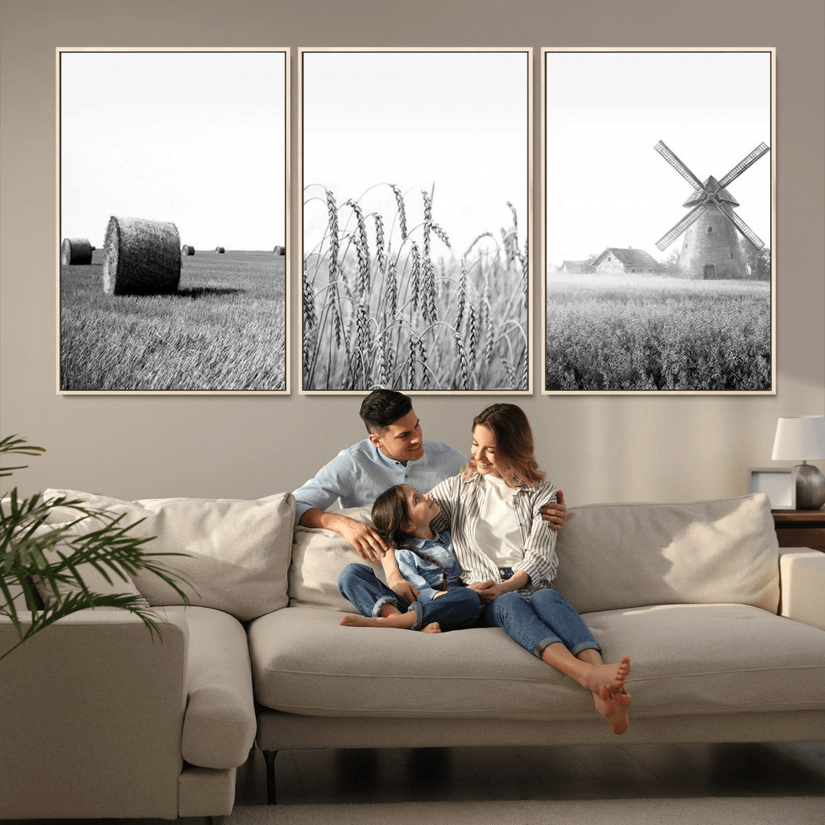 Vintage Farmhouse Black and White Triptych Wall Art, Giclee Canvas with Wheat Fields, Hay Bales and Windmill