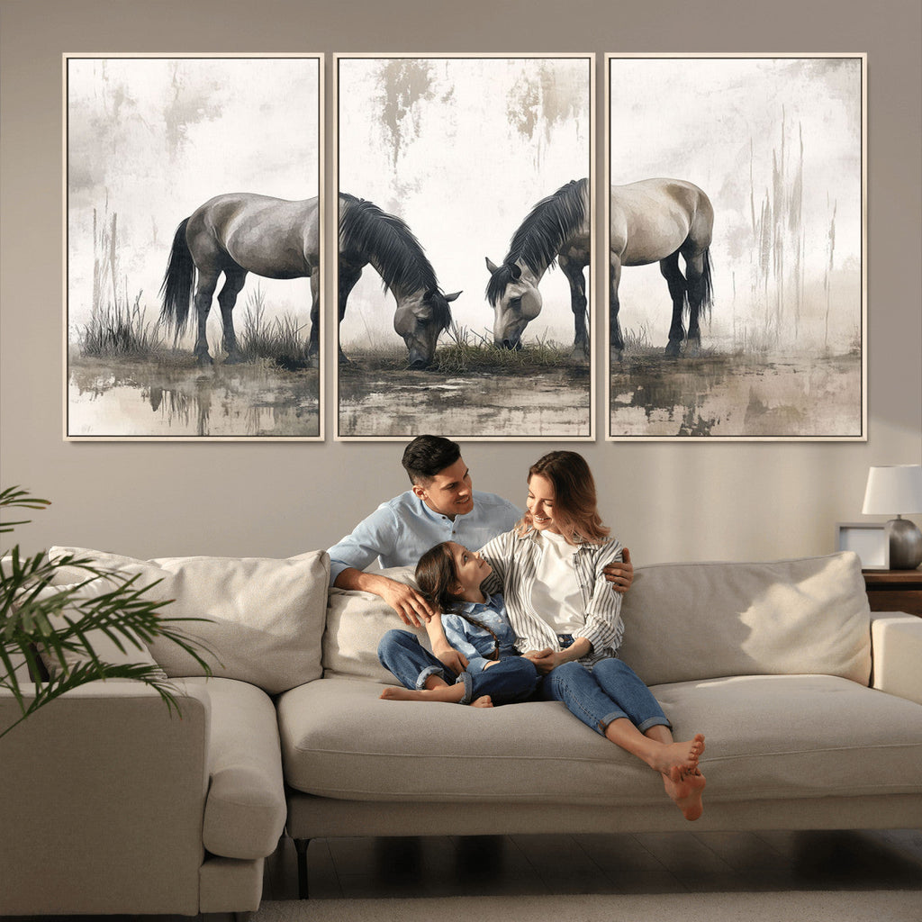 Chinese Ink Style Vintage Horses Wall Art Canvas Print