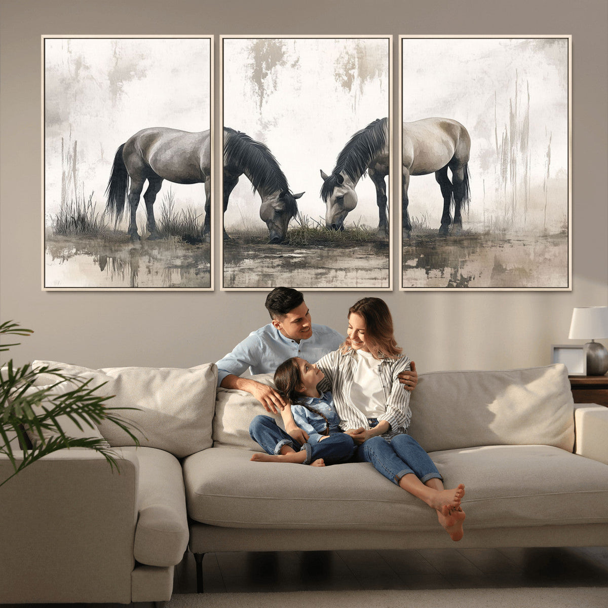 Chinese Ink Style Vintage Horses Wall Art Canvas Print