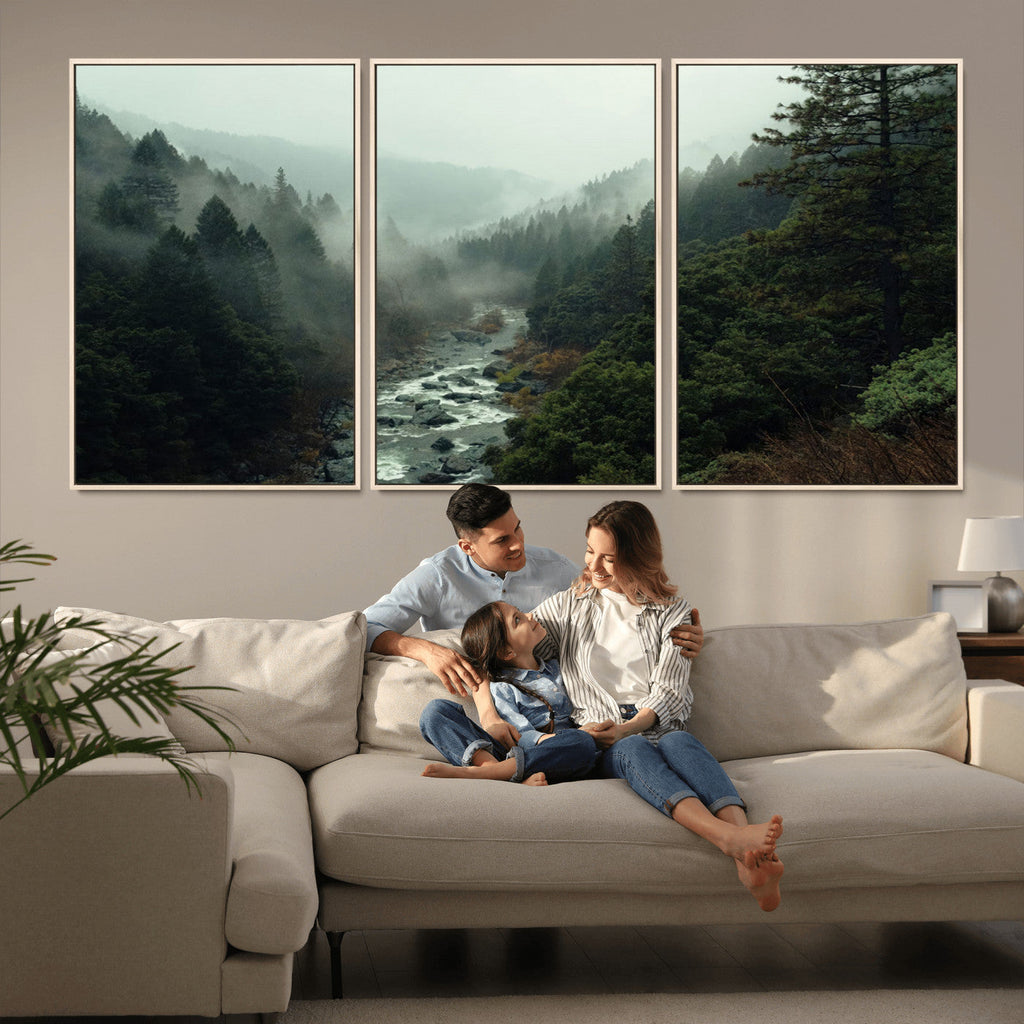 Misty Forest Wall Art, Tranquil Nature Landscape, Ready to Hang | Extra Large 3 Piece Canvas Wall Art