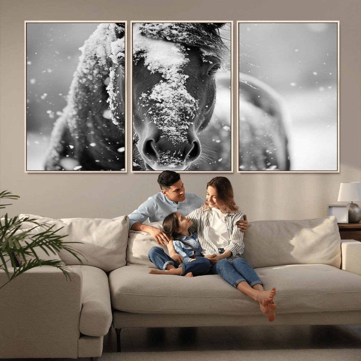 Black and White Horse Winter Wall Art, Ready to Hang