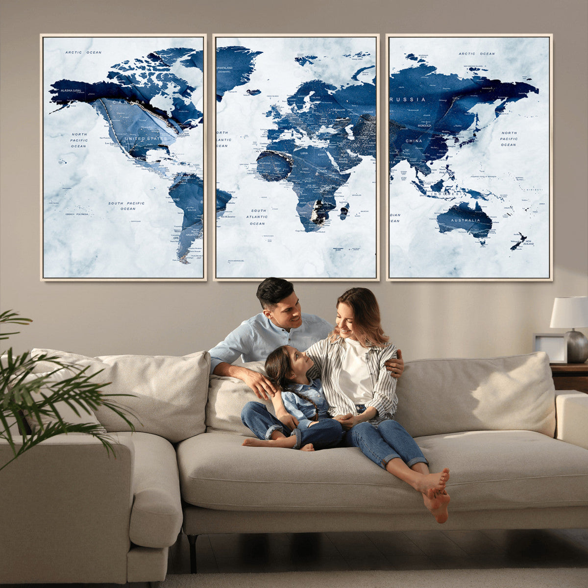 Modern Blue World Map Canvas Print | Elegant Travel Map Wall Art for Home Office