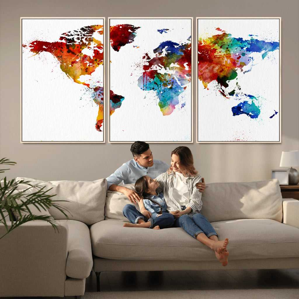Colorful World Map Canvas Wall Art Print, Contemporary Global Map Artwork