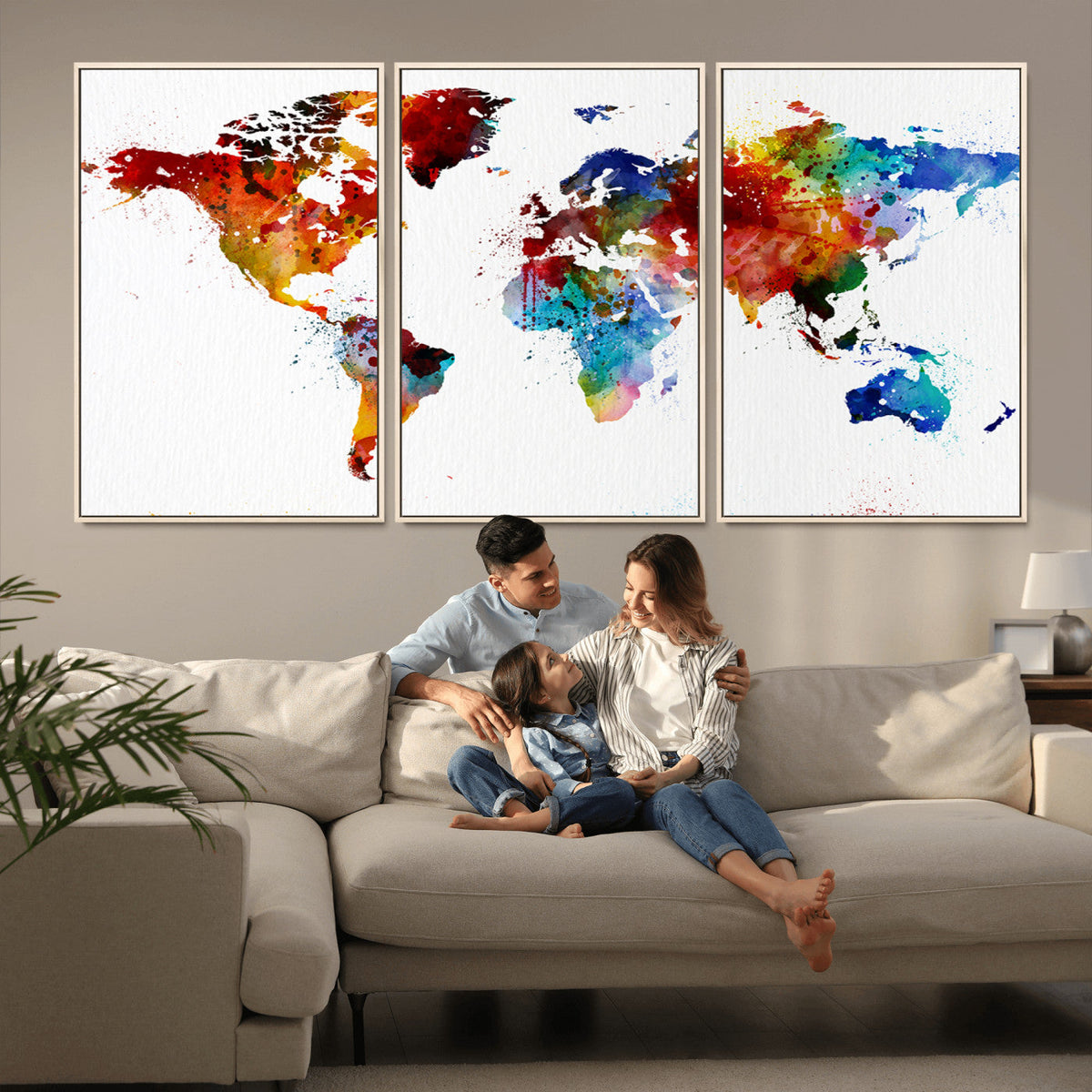 Colorful World Map Canvas Wall Art Print, Contemporary Global Map Artwork