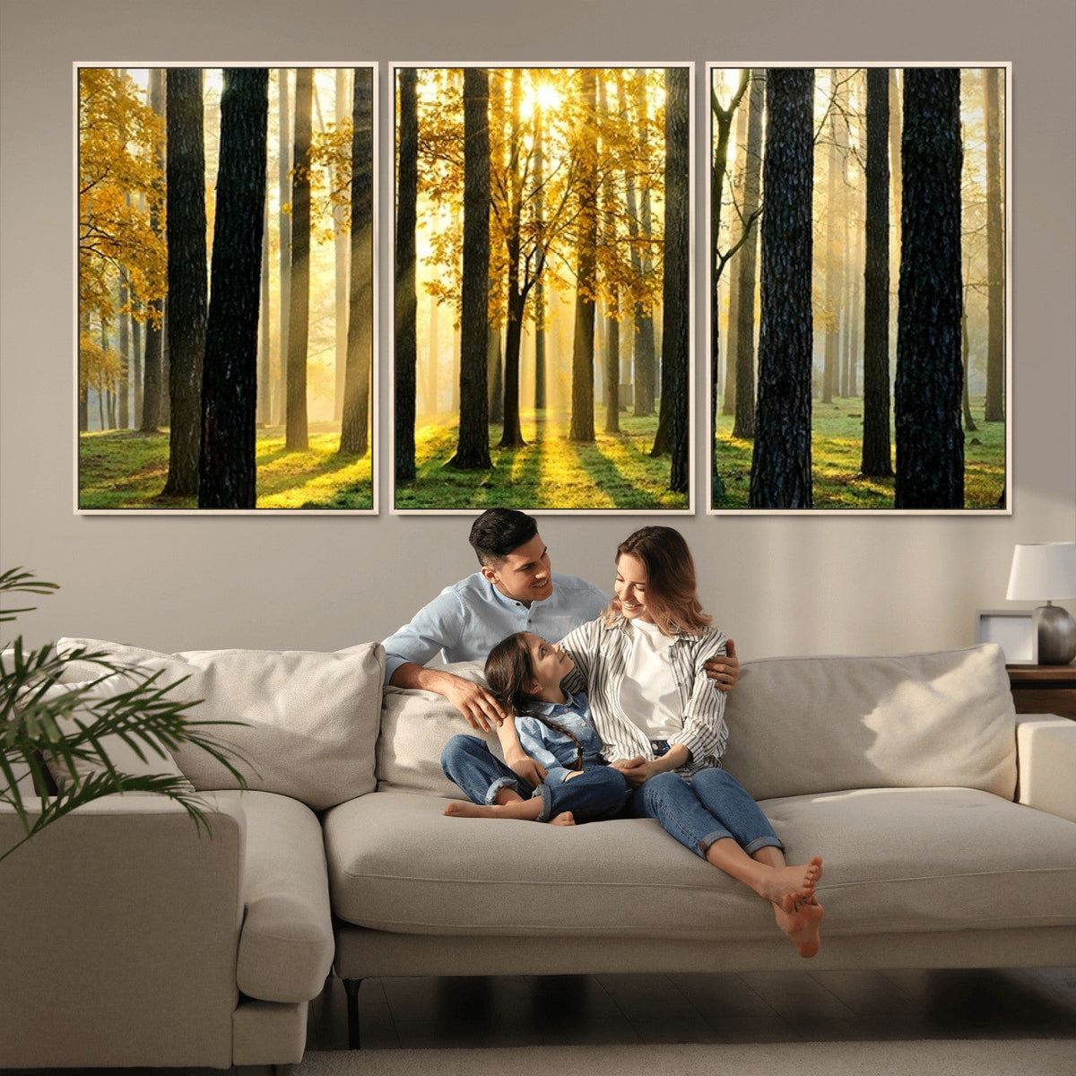 Sunlit Forest Wall Art Canvas Print, Large Framed Woodland Scene with Golden Light