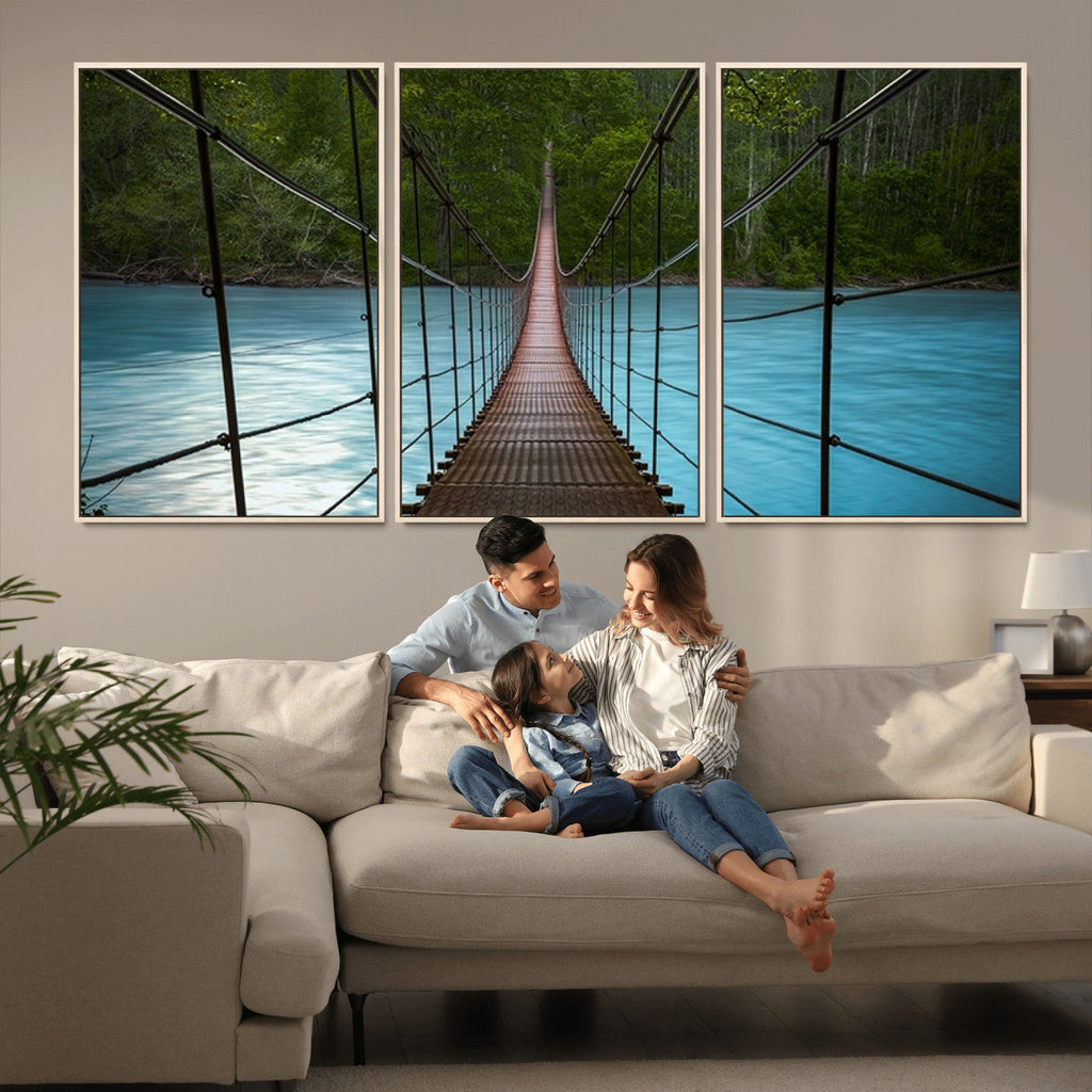 Suspension Bridge Over River Canvas Art | 3-Panel Nature Wall Art