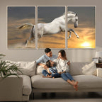 Large Wall Art Canvas Print, White Jumping Horse at Sunset