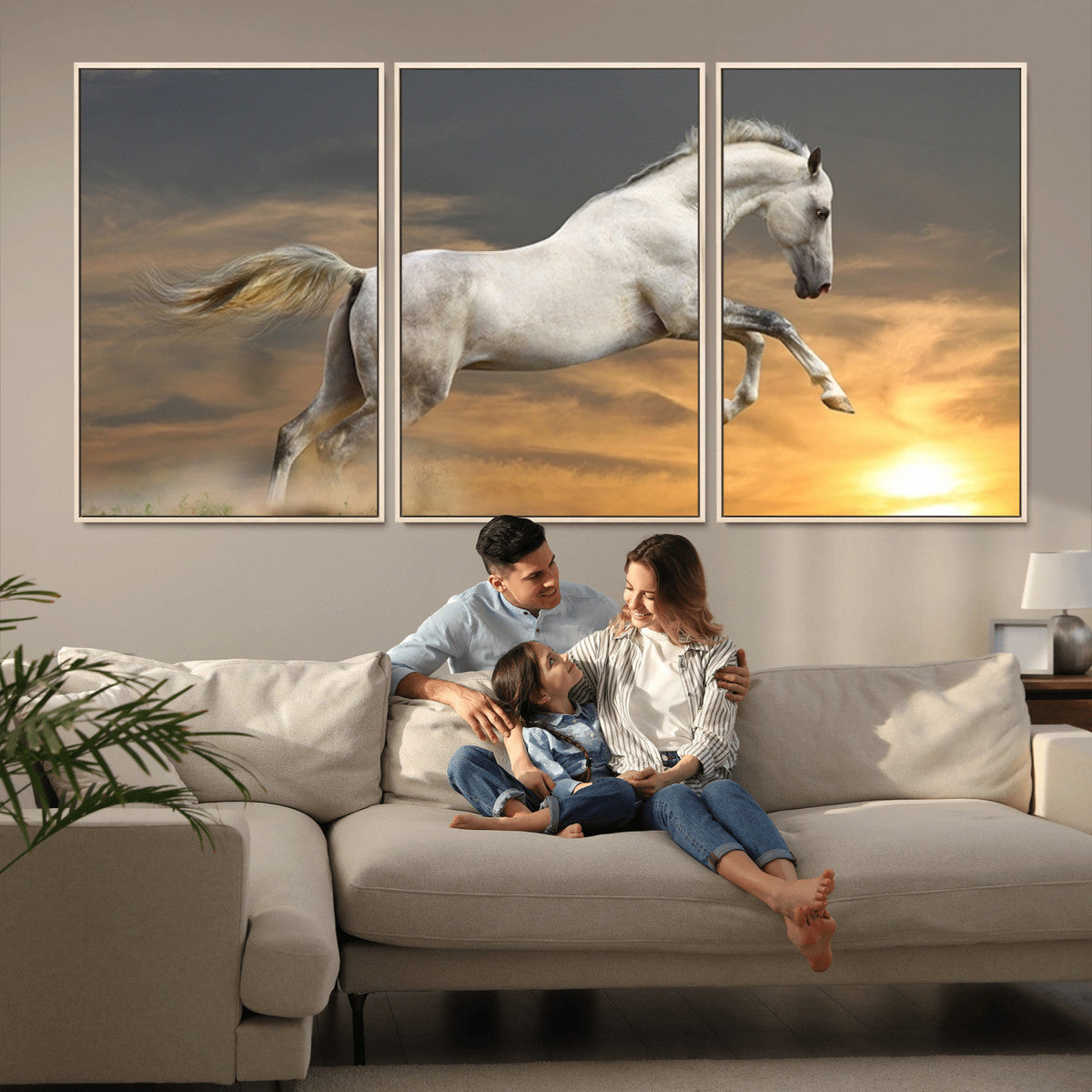 Large Wall Art Canvas Print, White Jumping Horse at Sunset
