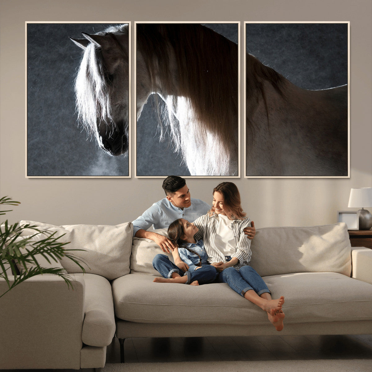 Large Wall Art Cream Colored Horse on Grey Background Canvas