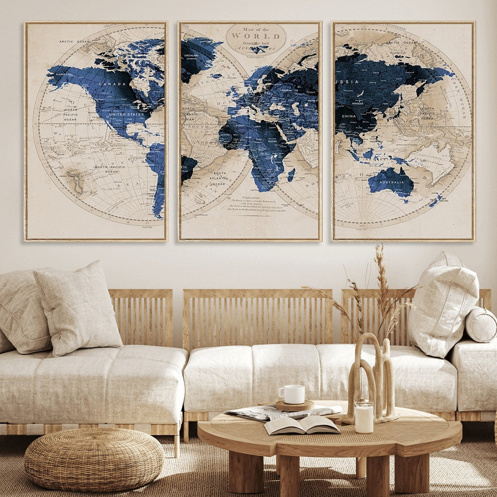 Vintage Blue World Map Canvas Wall Art | Antique Style Framed Map Print
