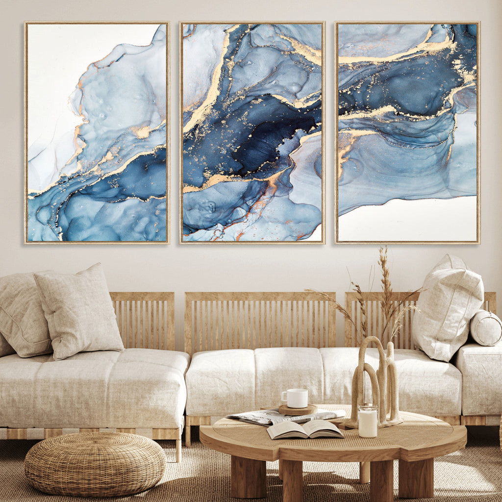 Blue Abstract Canvas Wall Art Print | Fluid Marble Effect Abstract Art