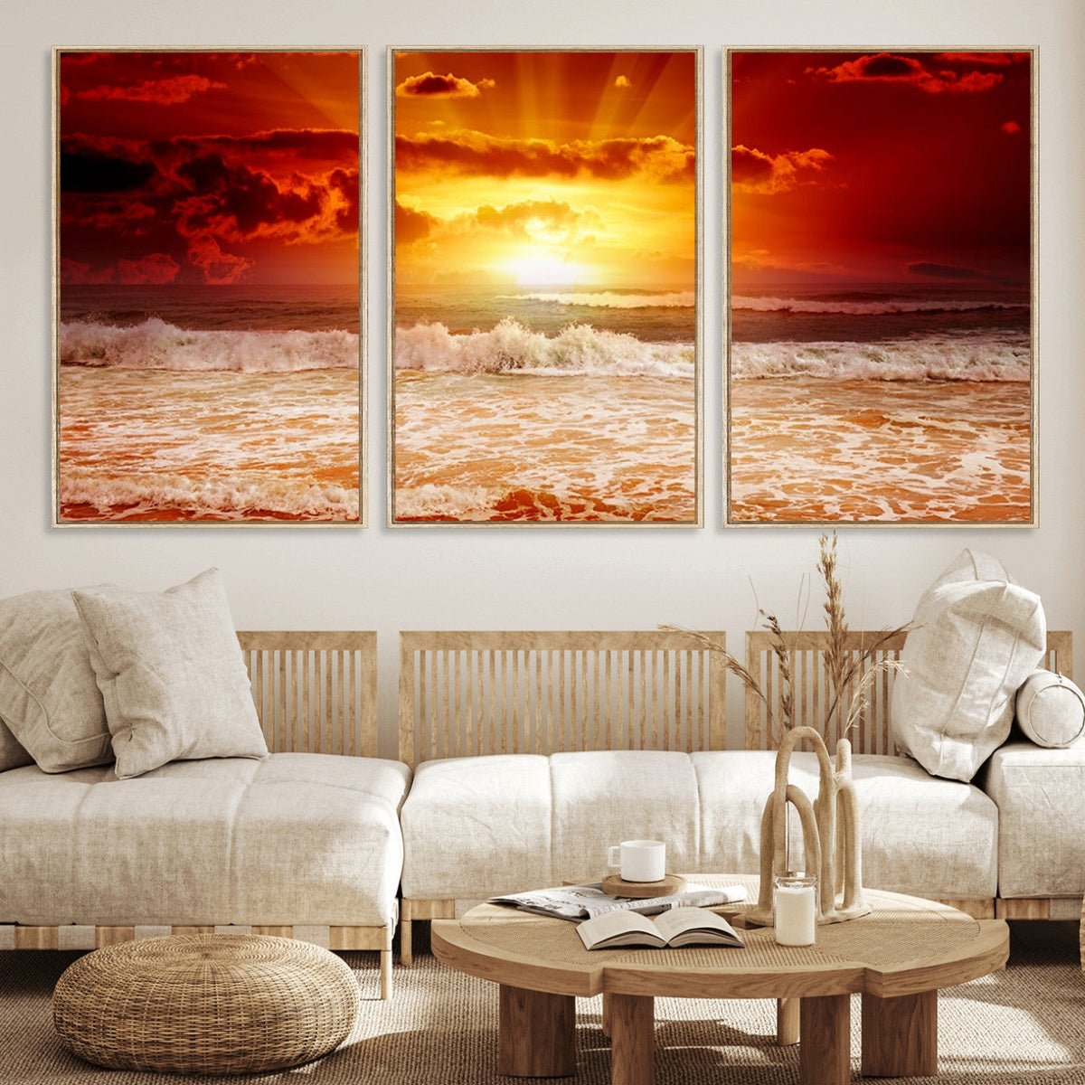 Red Sunset Ocean Beach Canvas Wall Art, Coastal Sunset Print