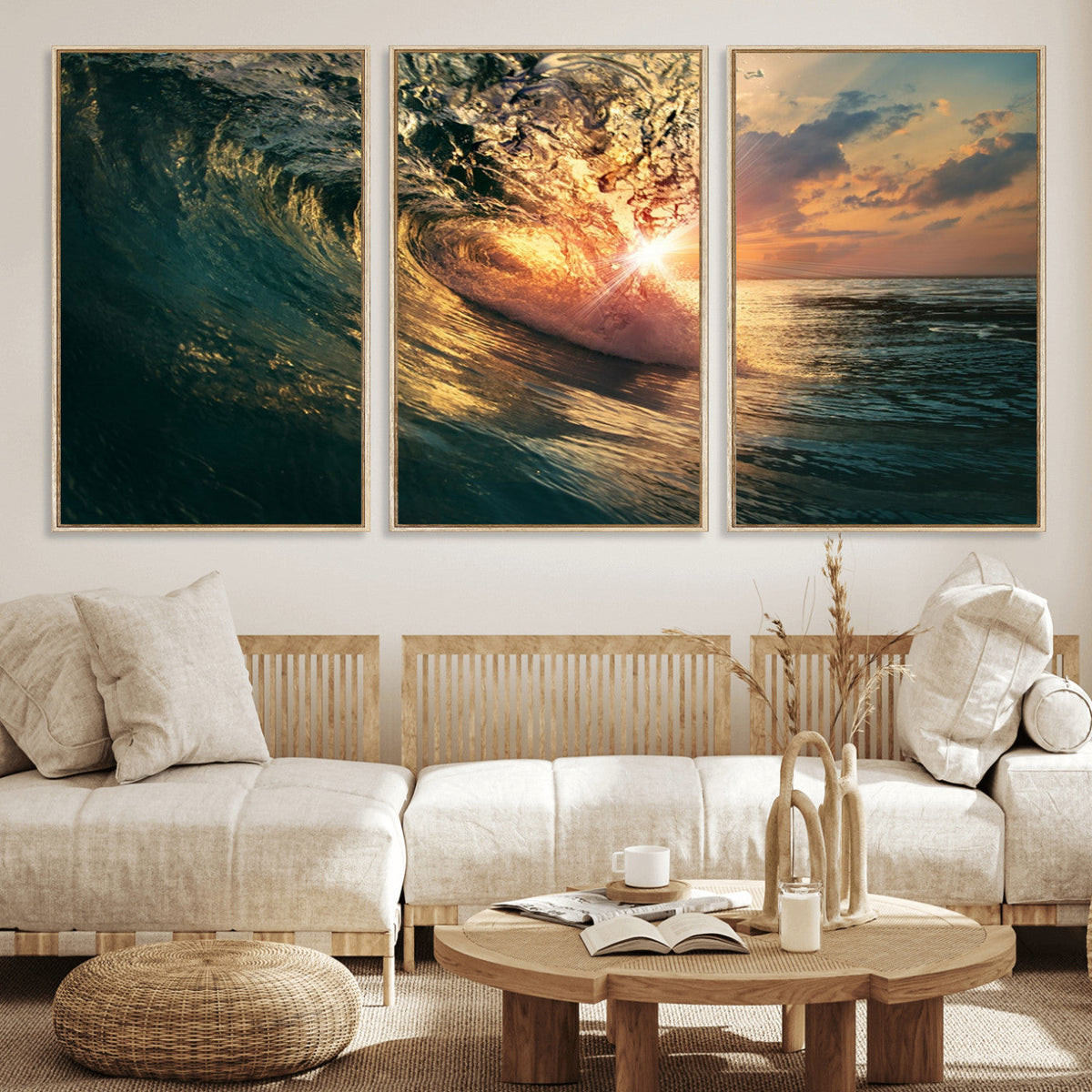 Ocean Wave Sunset Canvas Wall Art | Triptych Seascape Print