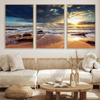 Golden Hour Beach Sunset Canvas Triptych, Ocean Waves and Rocks Wall Art