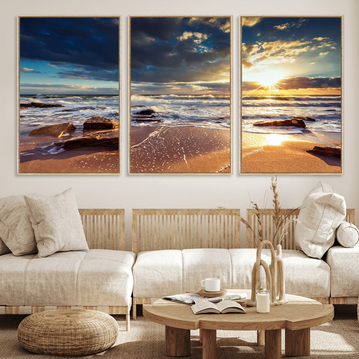 Golden Hour Beach Sunset Canvas Triptych, Ocean Waves and Rocks Wall Art