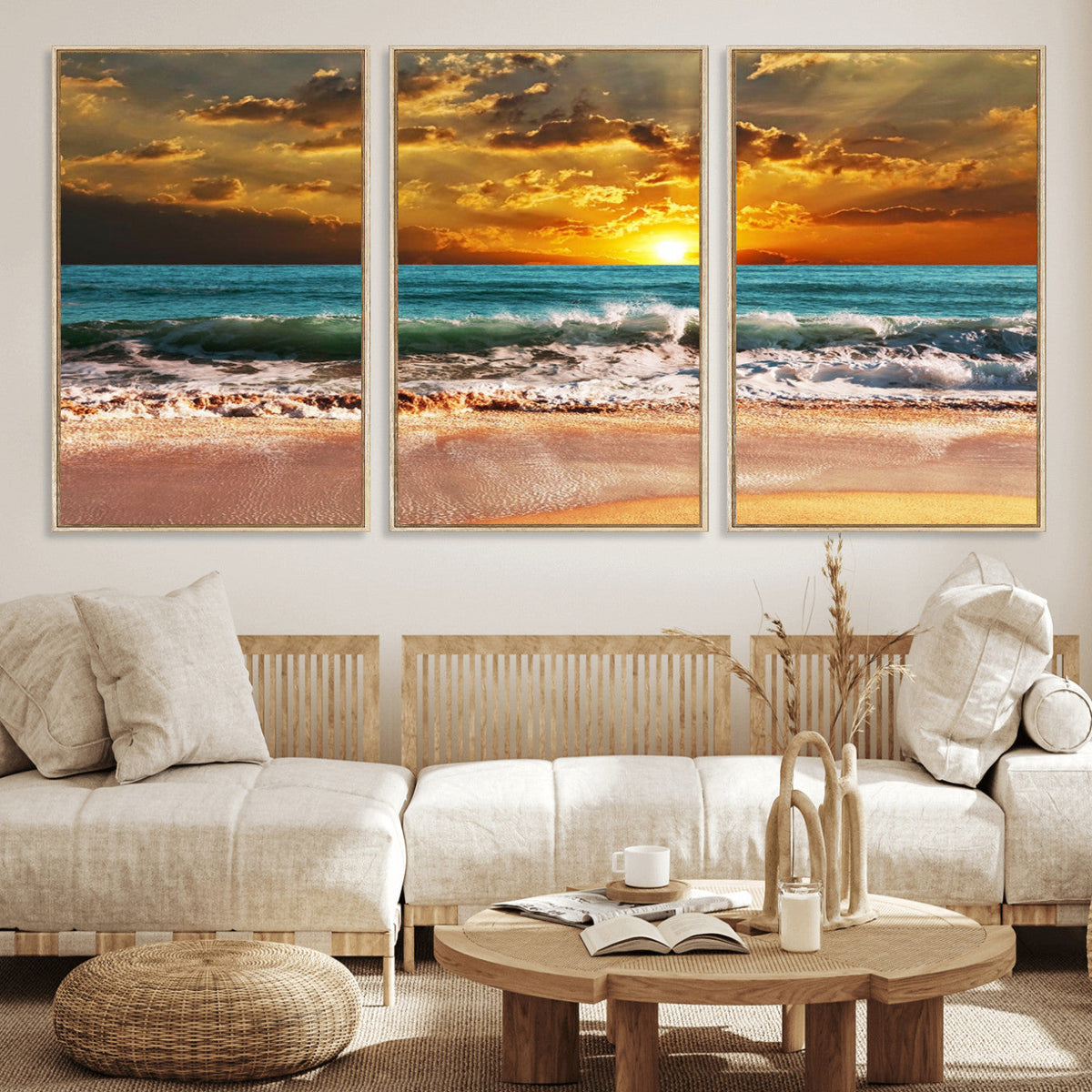 Golden Sunset Beach Canvas Wall Art | Triptych Seascape Print, Framed and Ready to Hang
