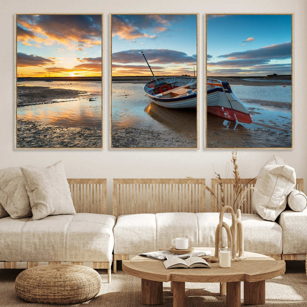 Small Boat At The Beach Sunset Wall Art, Boat Sunset Wall Art Canvas Print