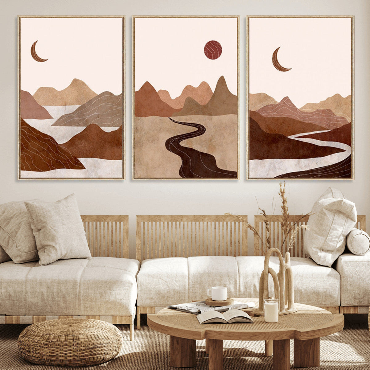 Boho Wall Art Canvas Print Set | Mid-Century Bohemian Wall Artwork, Boho Neutral