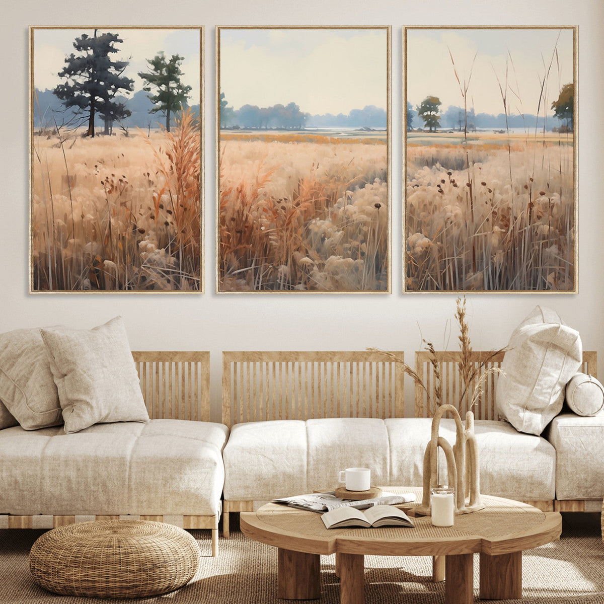 Golden Fields Canvas Wall Art Print | Serene Minimalist Landscape for Modern Decor