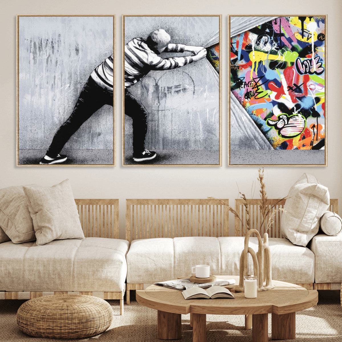 Banksy Art Behind the Curtain Street Wall Art Canvas Print | Urban Graffiti Style Wall Decor