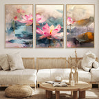 Lotus Flower Wall Art | 3 Panel Giclee Canvas Print of Pink Lotus Blossoms