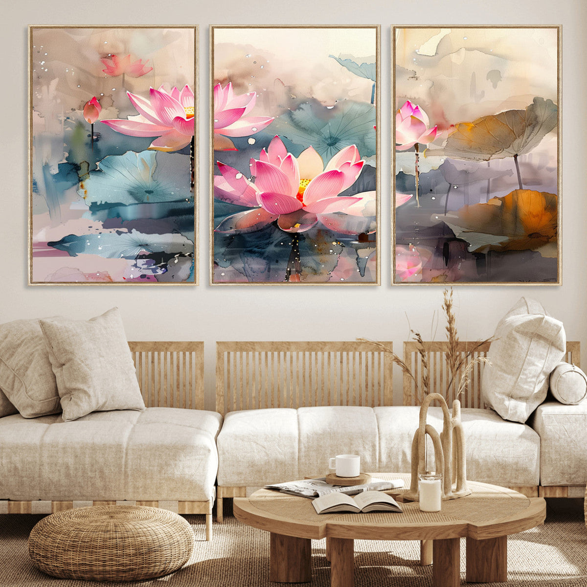Lotus Flower Wall Art | 3 Panel Giclee Canvas Print of Pink Lotus Blossoms