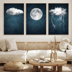 3 Piece Indigo Cloud Wall Art, Thunderstorm Moon Cloud Artwork