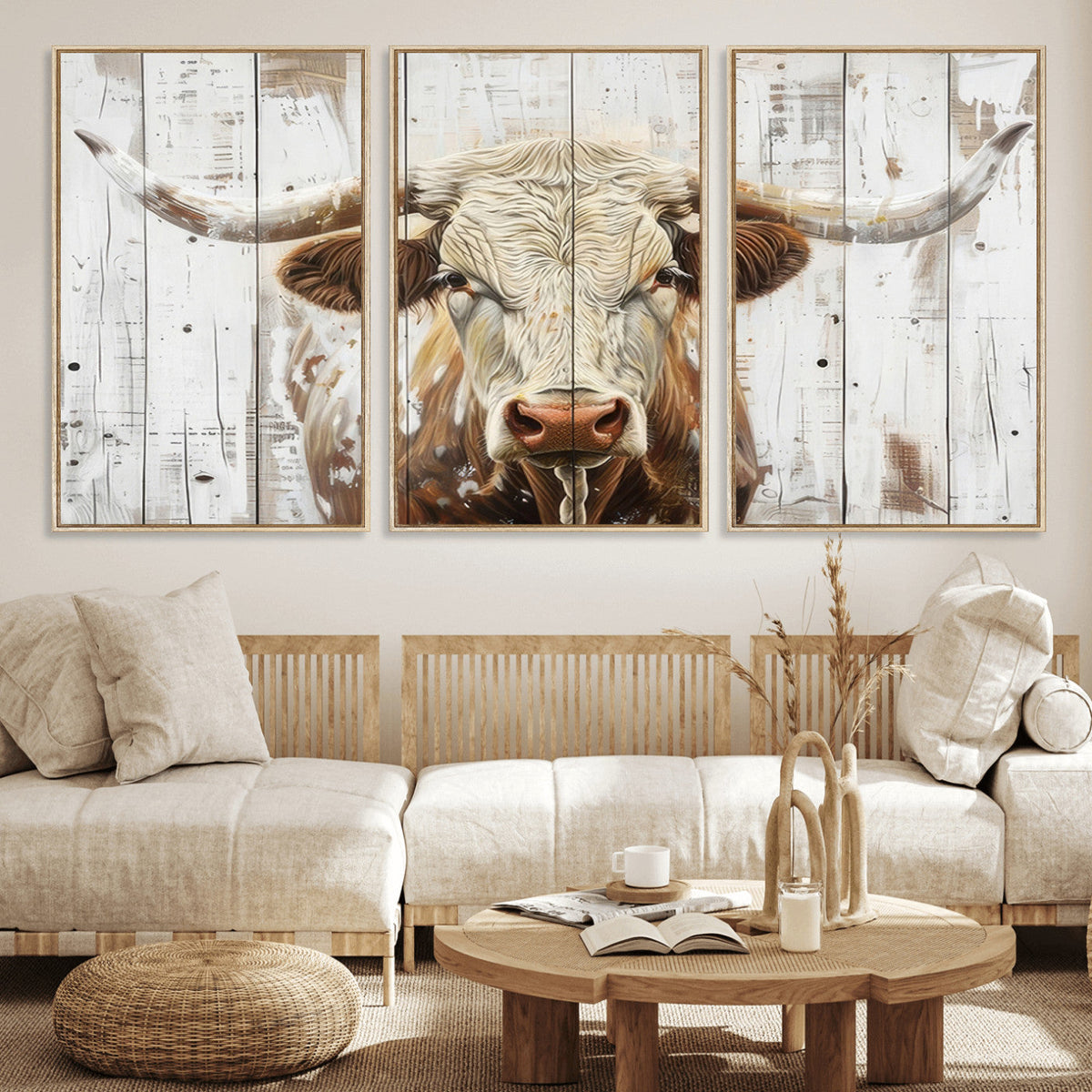 Rustic Longhorn Bull Wall Art Canvas Set