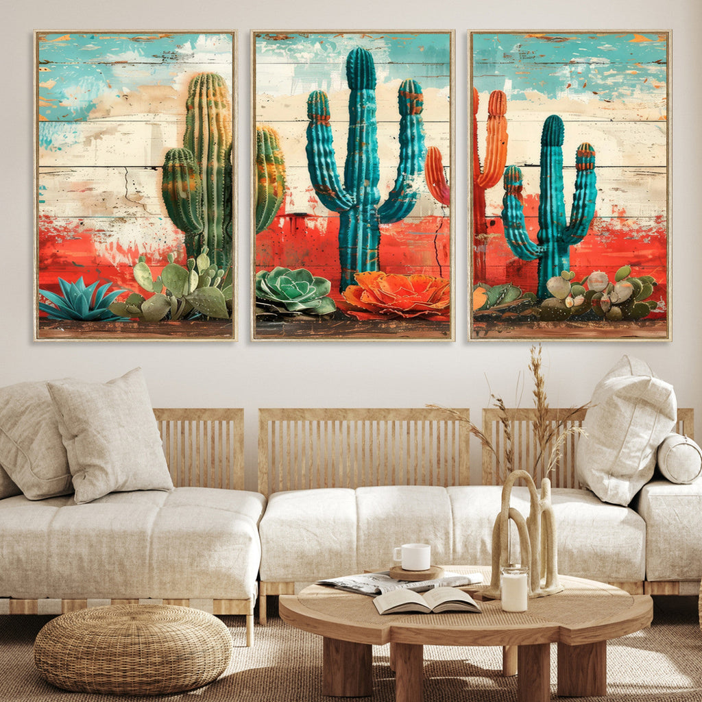 Colorful Cacti Wall Art | Framed Vibrant Succulent Canvas