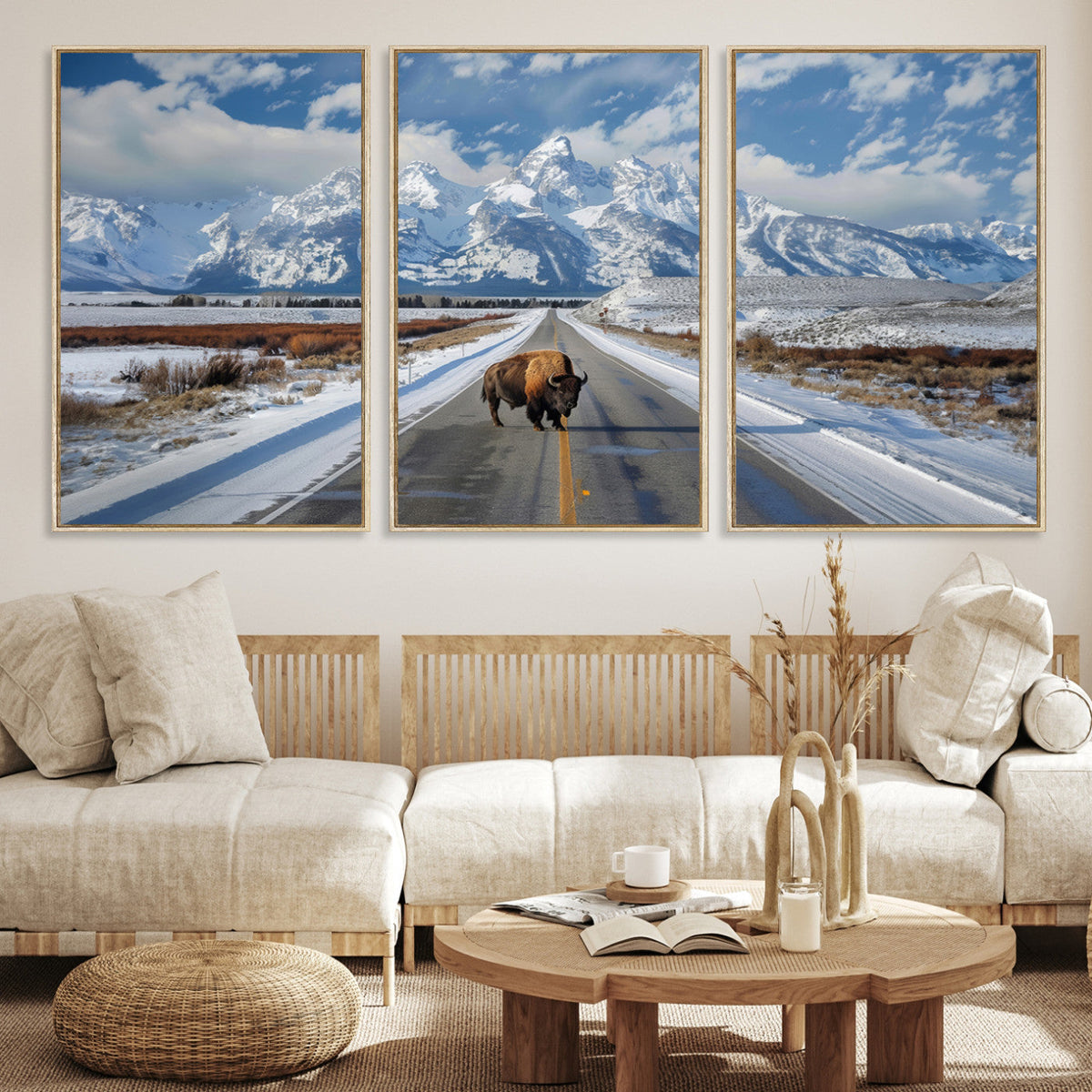 Bison Wall Art | Snowy Road Wall Art | Framed Mountain Landscape Canvas