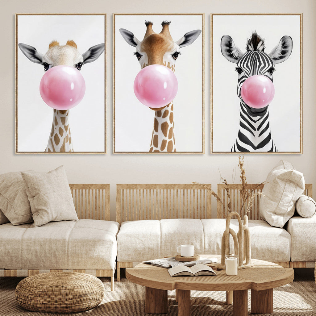 Bubblegum Animals Canvas Wall Art, Playful Giraffe and Zebra Trio, Whimsical Nursery and Kids Room Decor
