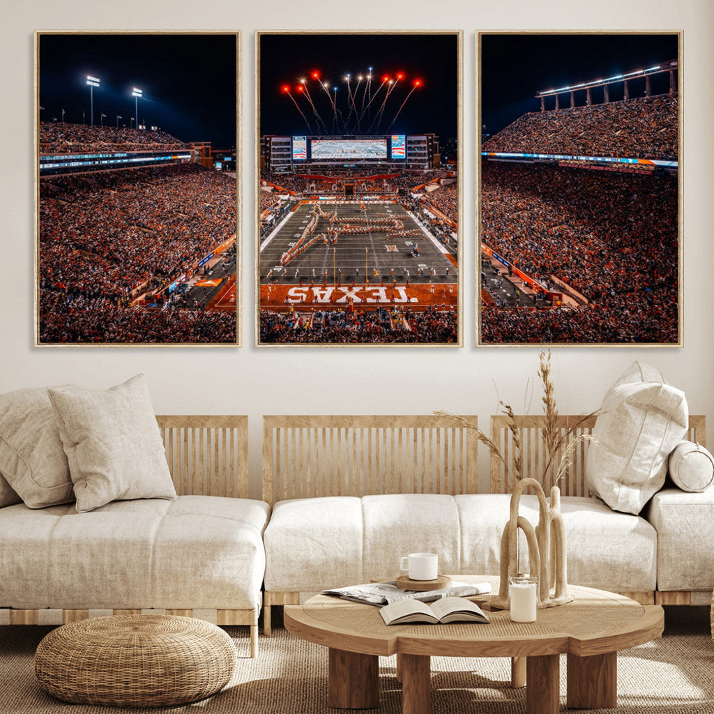Texas Stadium Night Game Wall Art Canvas Print, Vibrant Football Fireworks Scene
