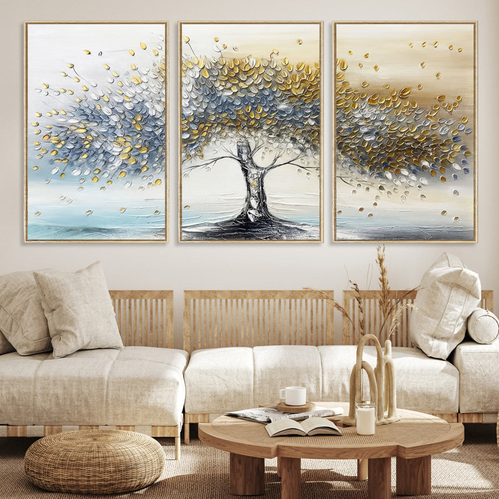 Silver Tree Wall Art | Framed Golden Leaves Canvas Artwork