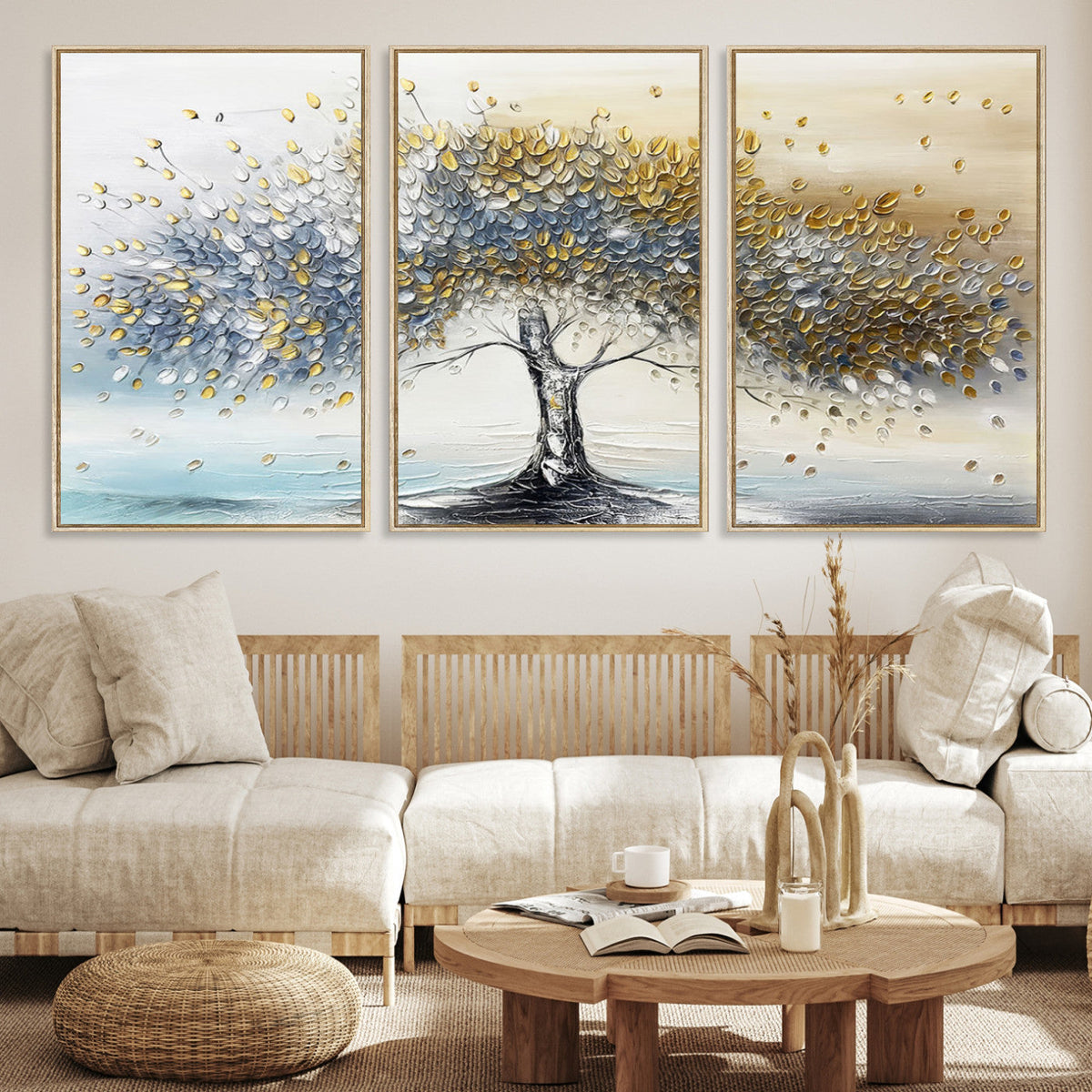 Silver Tree Wall Art | Framed Golden Leaves Canvas Artwork
