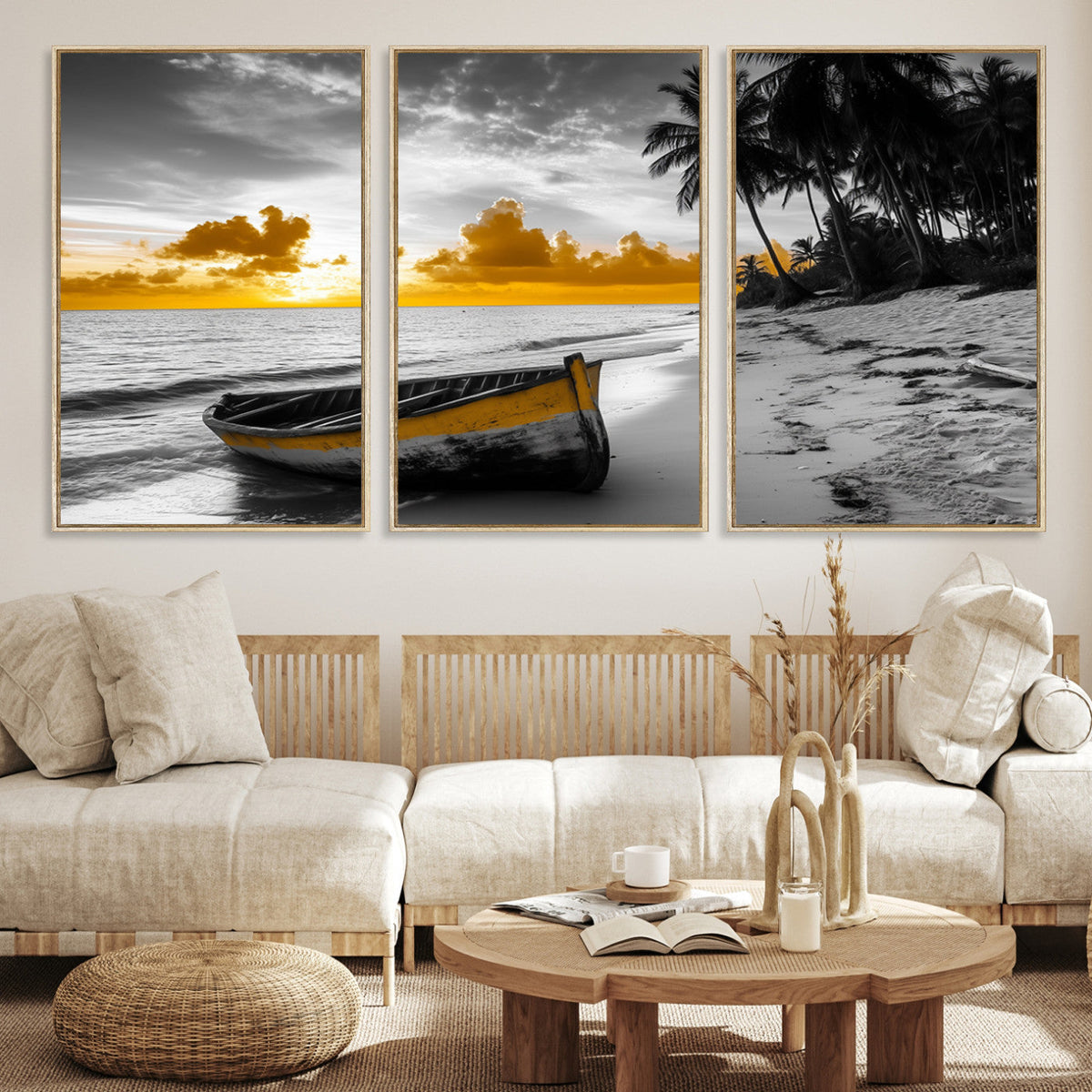 Yellow Rowboat Wall Art | Framed Tropical Shoreline Canvas
